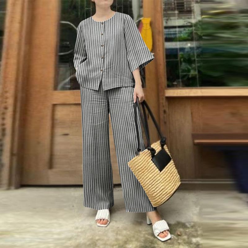 ZANZEA Women 3/4 Sleeve Blouse and Pants Casual Stripe Print Two Piece Sets