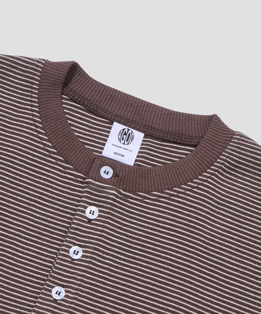 AGOD Roll-Up Snap Henley Neck Striped Half T-Shirt [Brown]