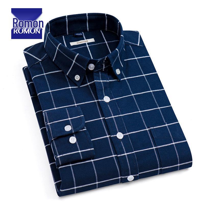 Romon Men's High-End Blue & White Cotton Oxford Long Sleeve Button-Down Shirt
