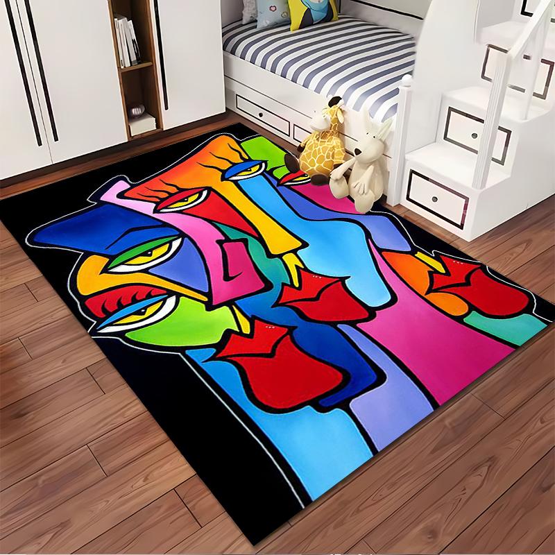 Abstract Multicolor Faces Art Rug - Non-slip rug suitable for living room and bedroom sofas.