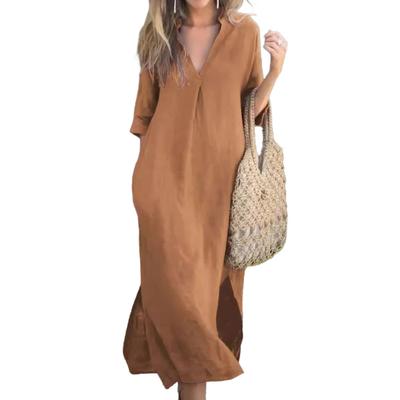 Summer Dress Three-quarter Sleeves Side Slit Loose V Neck Midi Dress