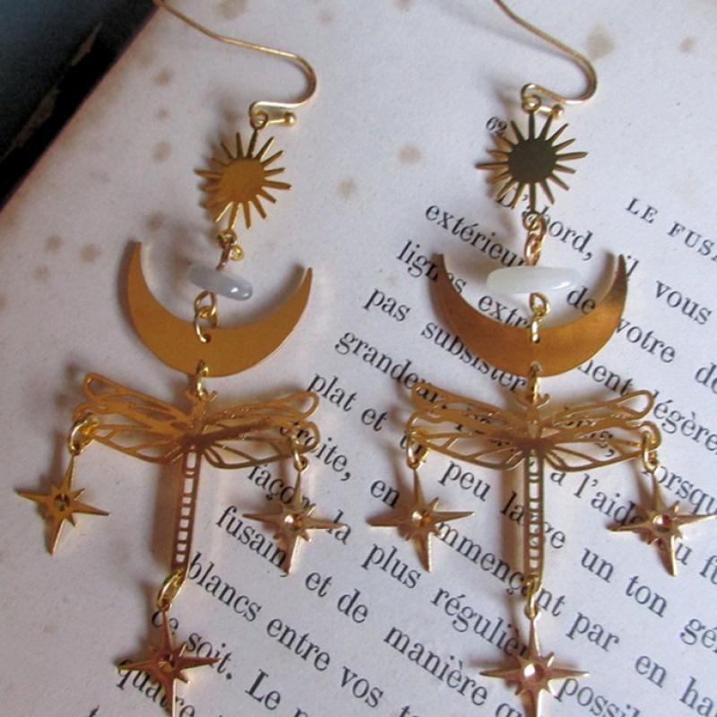 Golden Star Moon & Dragonfly Bohemian Earrings