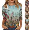 Women's Fashion Casual Three-quarter Sleeve Vintage Floral Print Round Neck Top