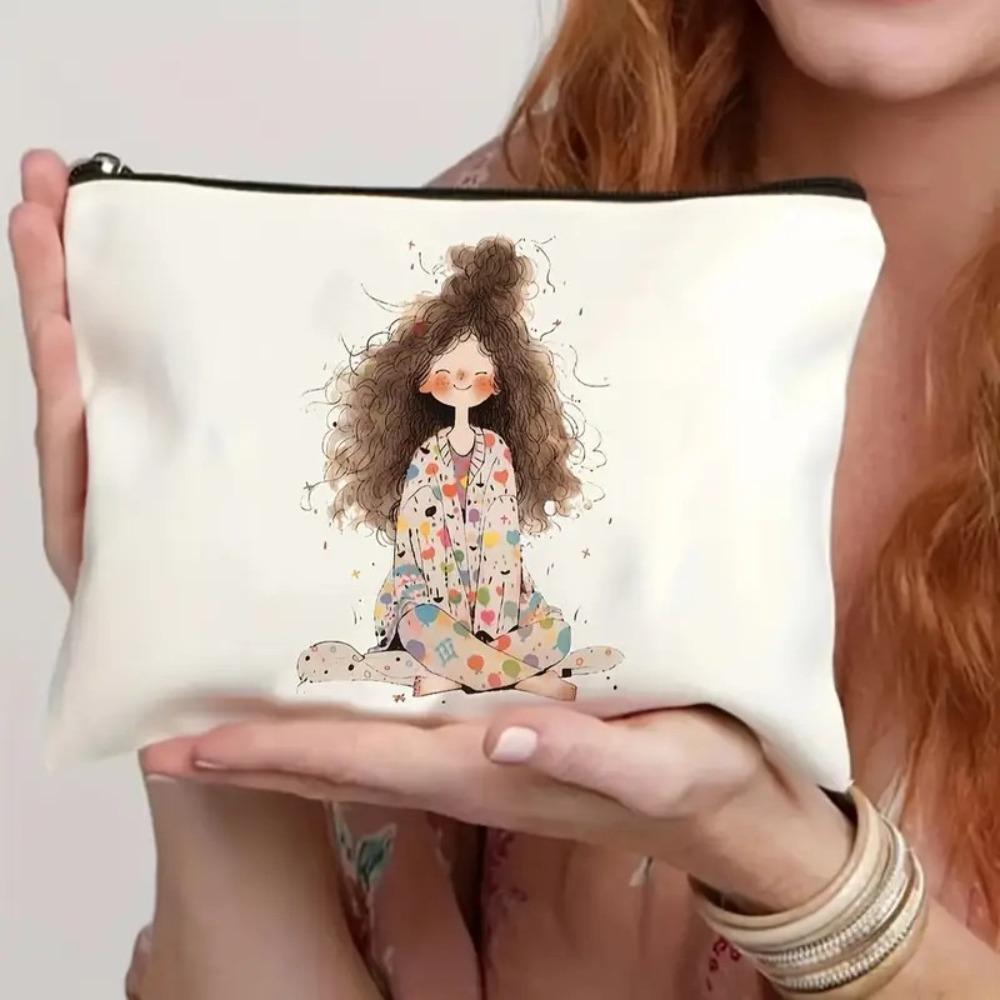 Durable Vintage Style Makeup Bag Cute Girl Pattern Foldable Storage Bag Lightweight Zipper Toiletry Bag Travel