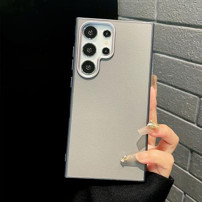 Titanium Gray Metal Lens Frame Leather Phone Case for Samsung Galaxy S22 S23 S24+ Plus Ultra Full Shockproof Hard Back Cover