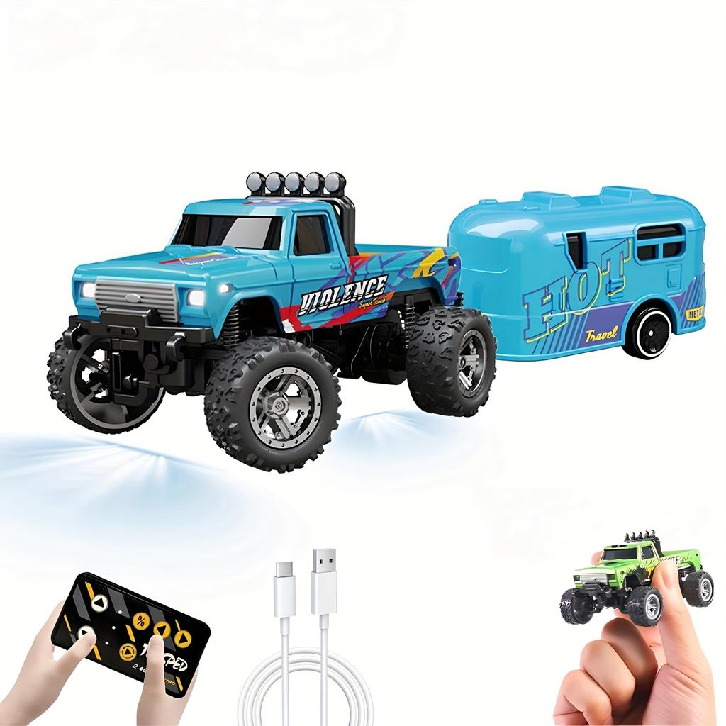 1:64 Scale Mini RC Truck Toy 2.4GHz Off-Road Alloy Truck with Trailer Body Lights Crawler Toy Adjustable Speed Steering Collectible Truck Model Gift