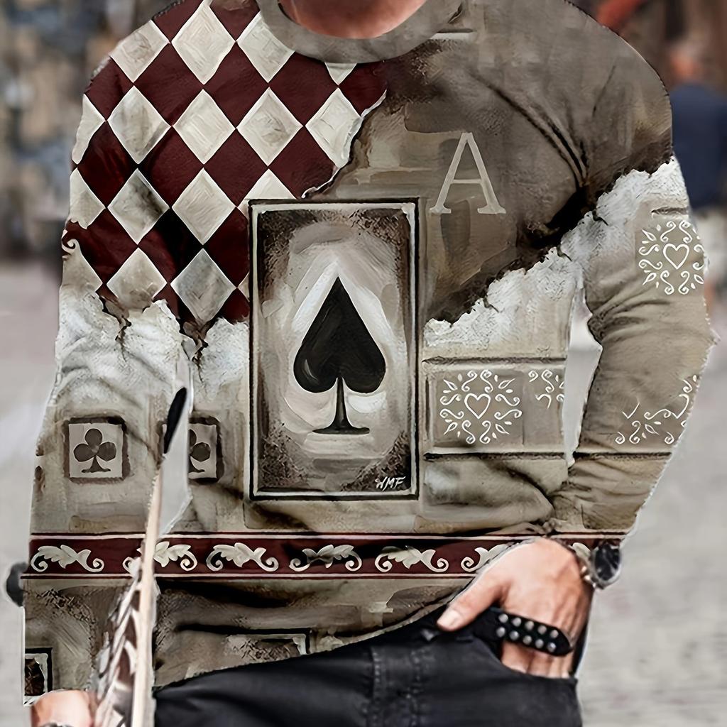Mens Poker Card 3D Graphic Long Sleeve T-shirt - Comfortable Stretch, Breathable Pullover Top for Stylish Outdoor Wear