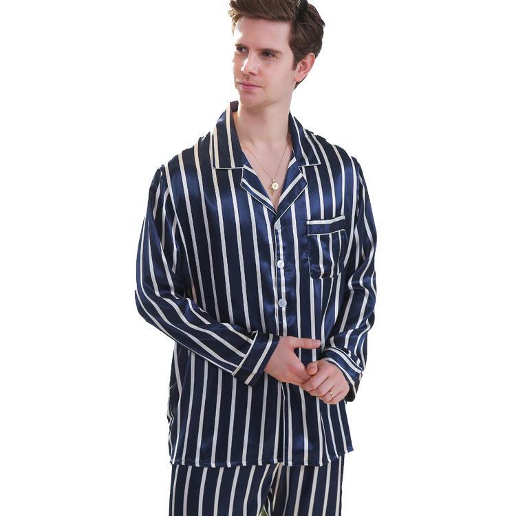 Men's Imitation Silk Striped Pajamas Set - Long-Sleeved, Autumn, Printed, Thin Homewear (Style 89011)