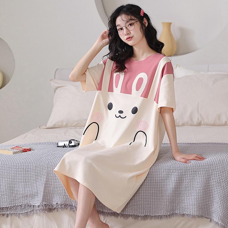 Women's Summer Short Sleeve Sleep Dress - Plus Size, Medium Length, Cute and Sweet