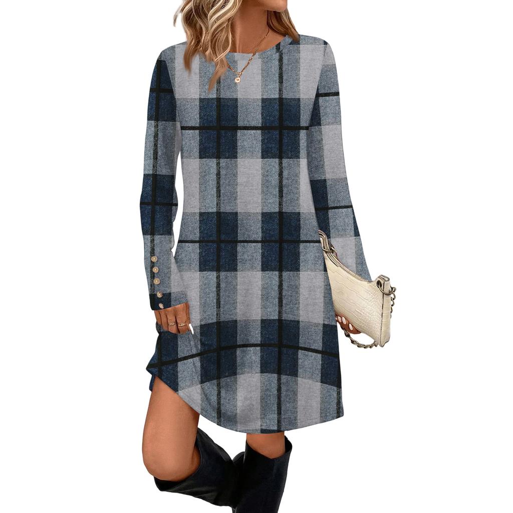 Rochie Casual de Damă la Modă Cu Buzunar, Nasturi Decorativi, Gât Rotund și Mâneci Lungi