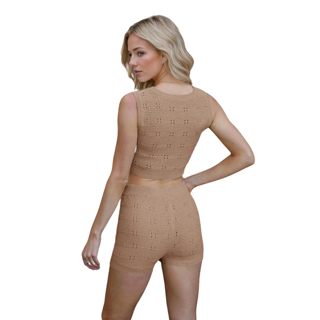 Summer Women's Slim Round Neck Vest Shorts Fashion Knit Suit