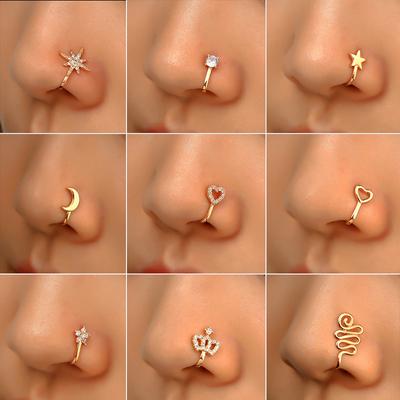 Für Frauen Geschenk Ohrring Fake Piercing Ohrklemme Clip-On Körperschmuck Krone Nase Stern Nasenring Herz Mädchen Kupfer Manschette Zarter Schmuck