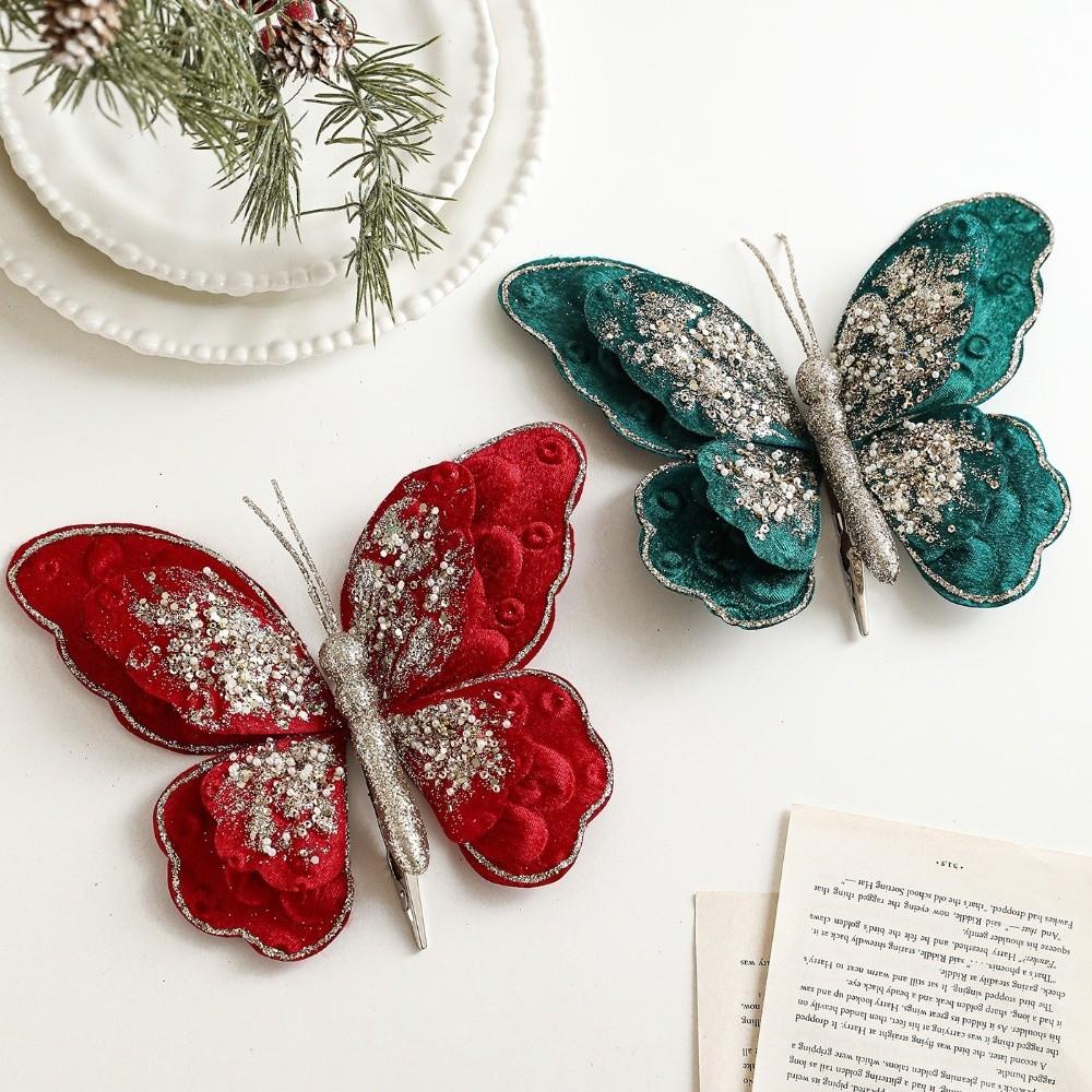 Glitter Butterfly Christmas Flower Sequins Simulated Artificial Butterfly Clip Exquisite Flocking Butterfly Pendants