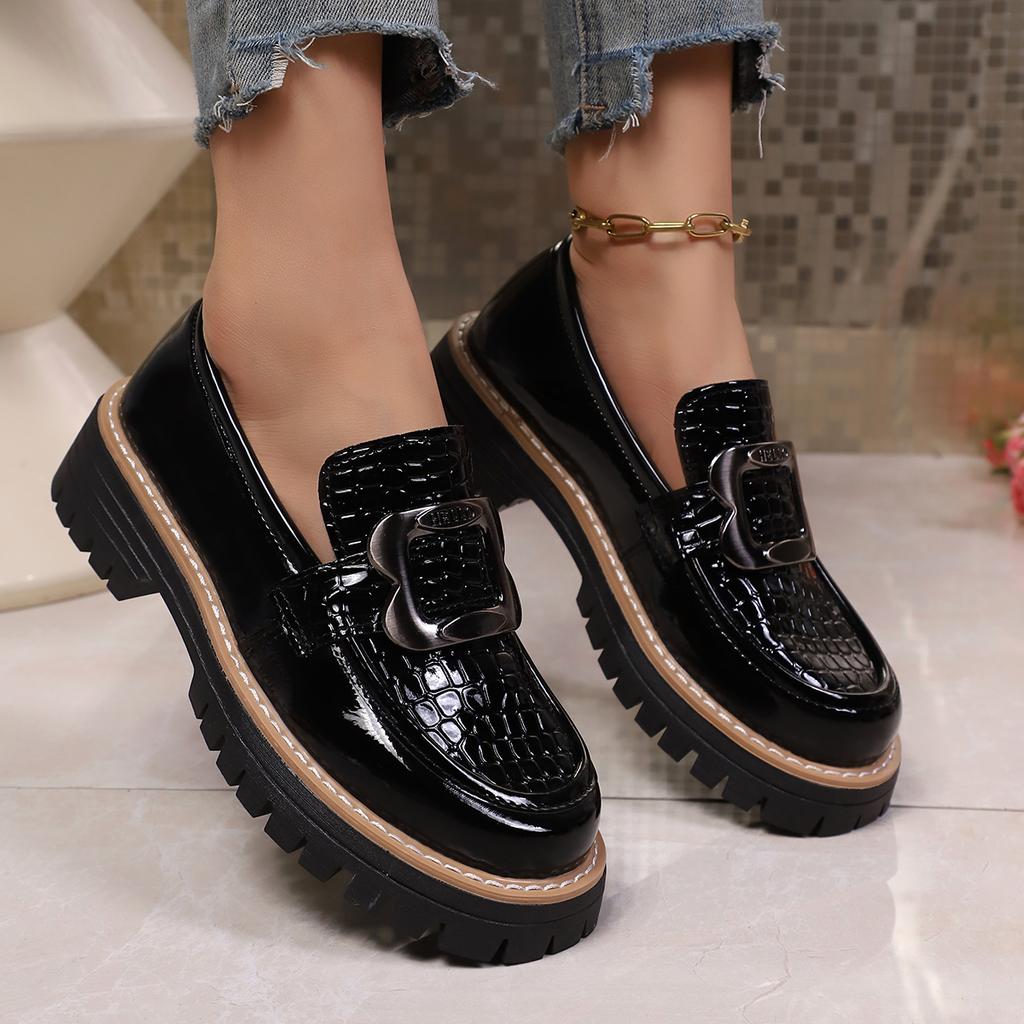 Plus Size Platform Loafers Shoes for Women  Fashion Metal Buckle Pu Leather Shoes Woman Spring Autumn Slip On Flats Female