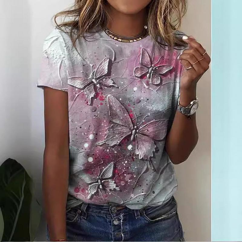 Women's Black Purple Butterfly Print Short Sleeve T-Shirt Casual Graphic Top