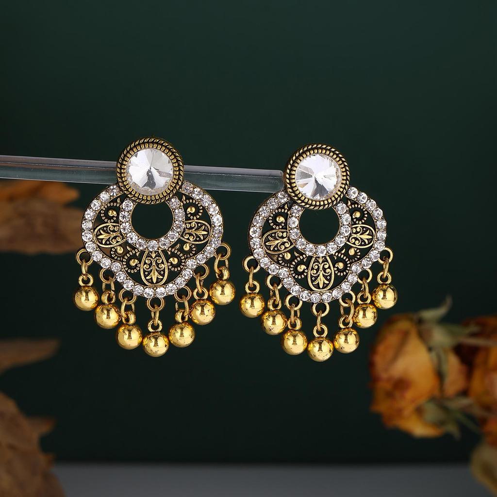 Bohemian Ethnic Rhinestone Tassel Petal Dangle Earrings for Women