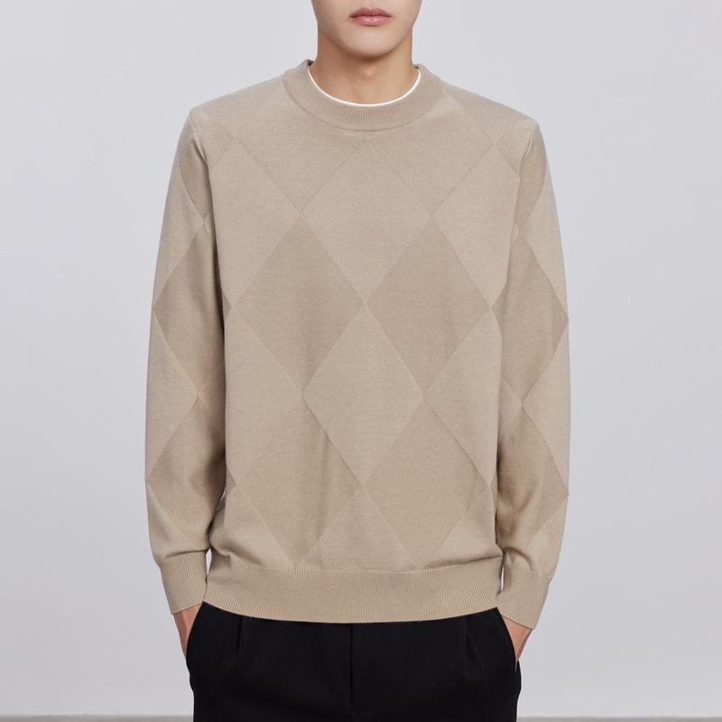 Men's High-Quality Diamond Jacquard Round Neck Sweater, 2024 Autumn/Winter, Slightly Loose Long Sleeve Knitwear