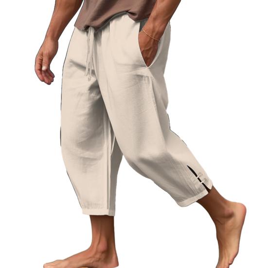 Men Cropped Pants Drawstring Elastic Waist Solid Color Loose Pockets Split Deep Crotch Soft Breathable Summer Vacation Beach Trousers