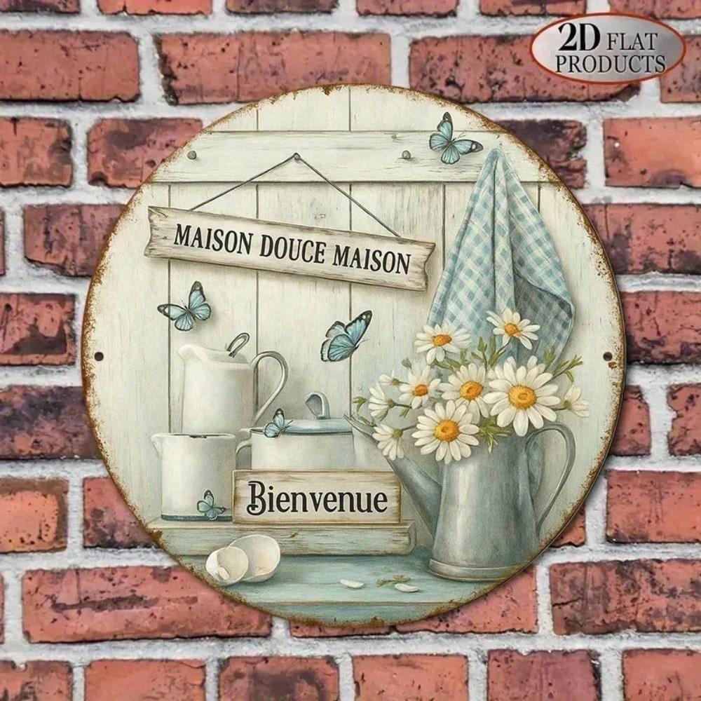 Vintage French Aluminum Welcome Home Round Sign 8x8 Inch Indoor Outdoor Decor