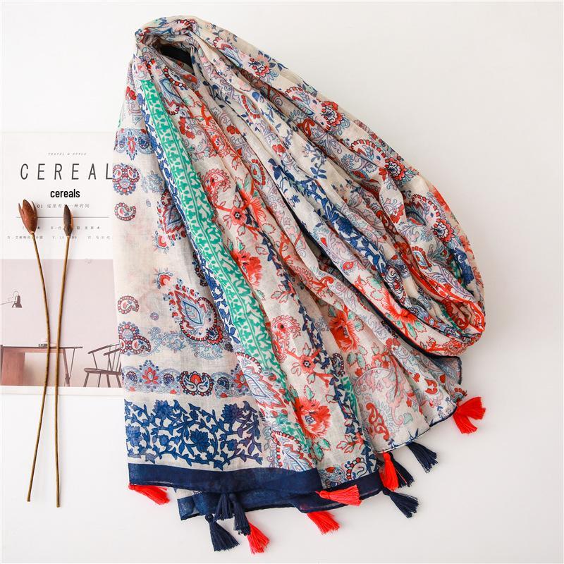 Women's Summer Retro Style Floral Silk Scarf with Colorful Tassels