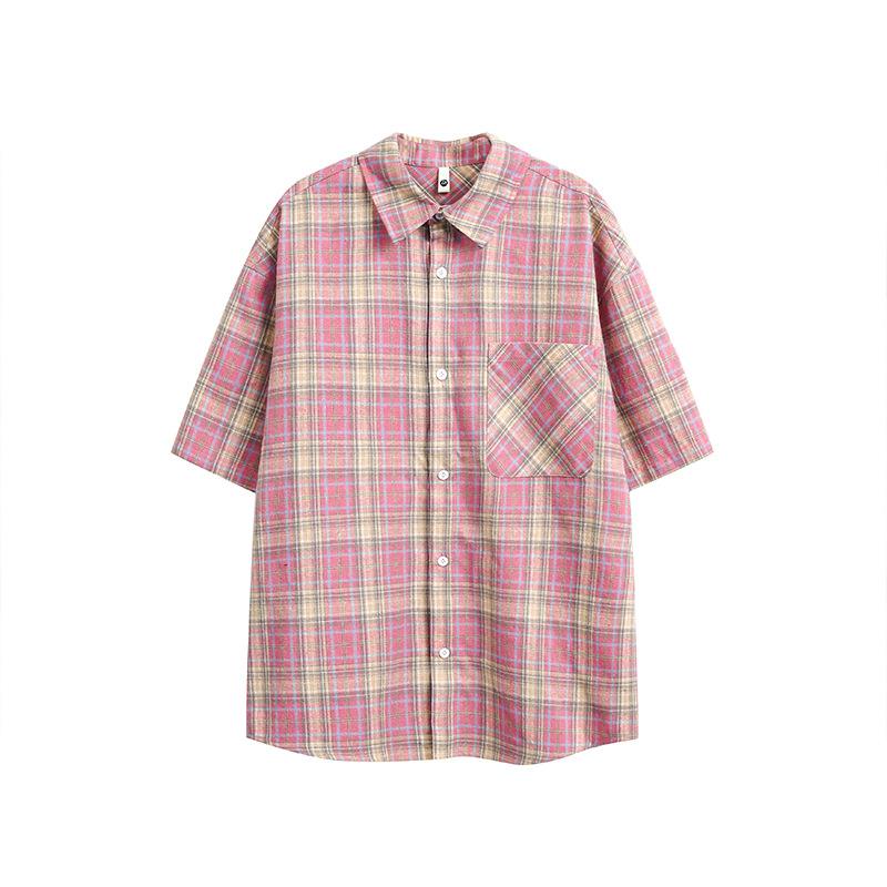 [Clothing Men s Clothing] American retro pink plaid short-sleeved shirt men s design sense niche loose casual shirt M розовый
