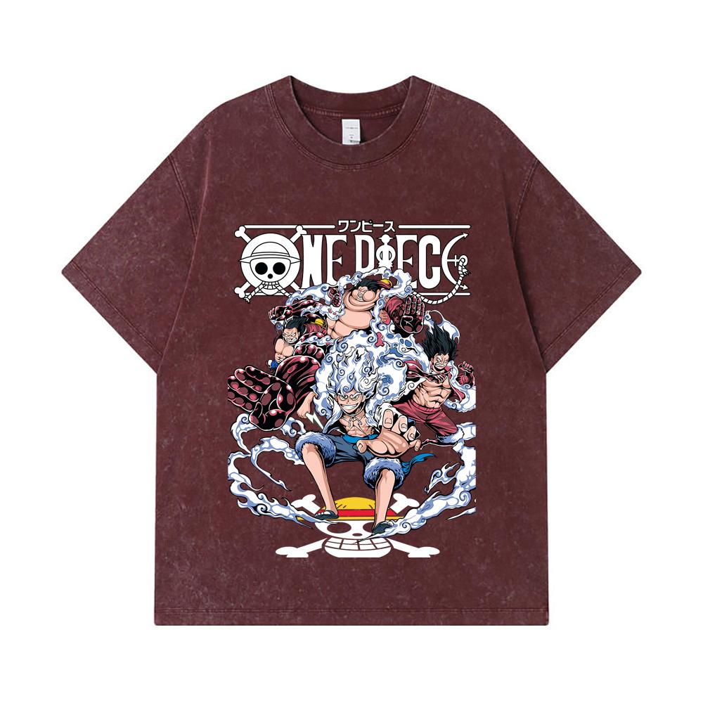 275 GSM Washed T-shirts 100% Cotton One Piece V30 Luffy Gears Print Unisex Heavy Cotton T Shirt