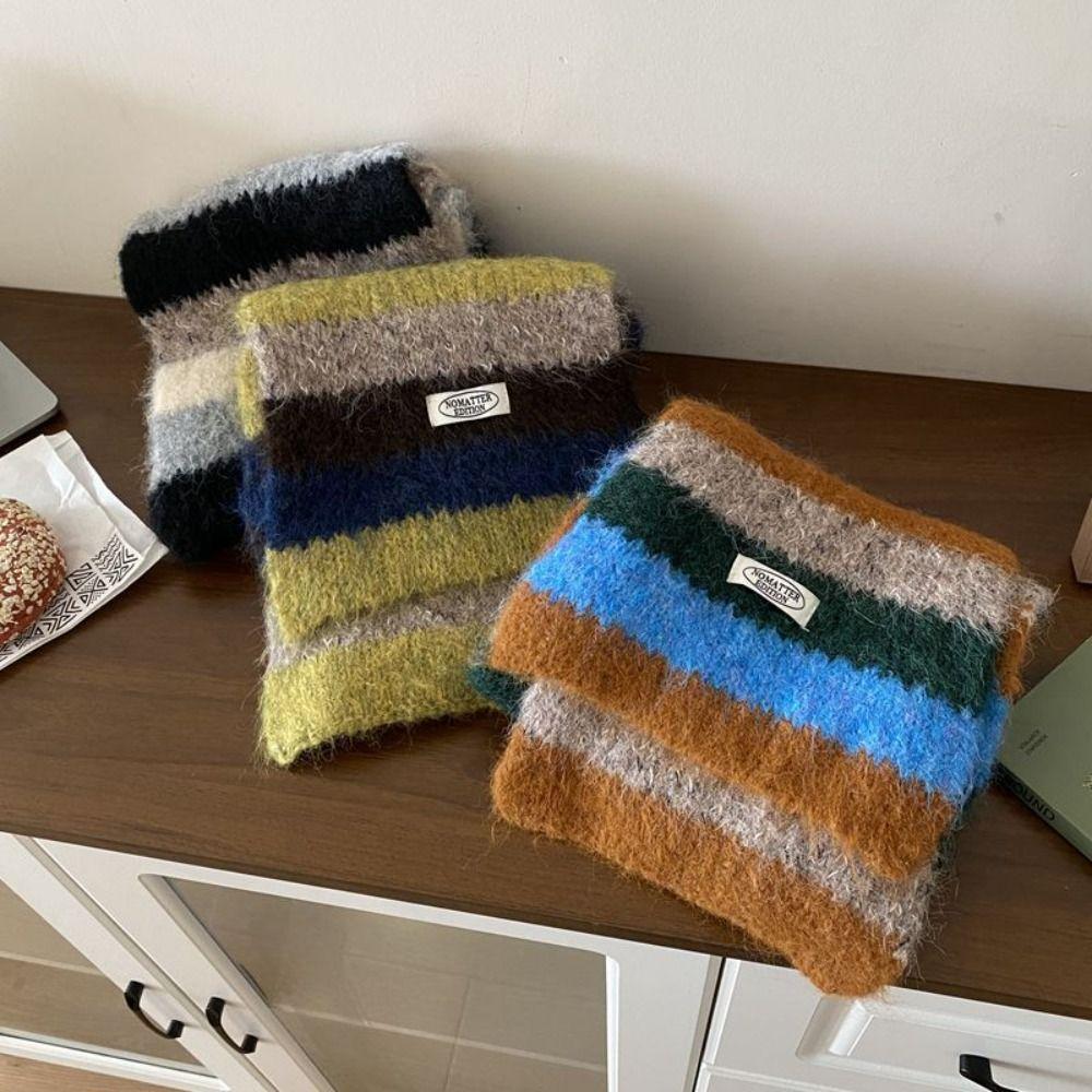 Preppy Style Stripe Scarf Plush Knitted Shawl Simple Plaid Wool Scarf  Girl