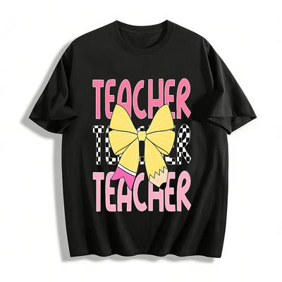 Bow Pencil Graphic Teacher Themed Casual Tee For Educators Pure Cotton T-shirt