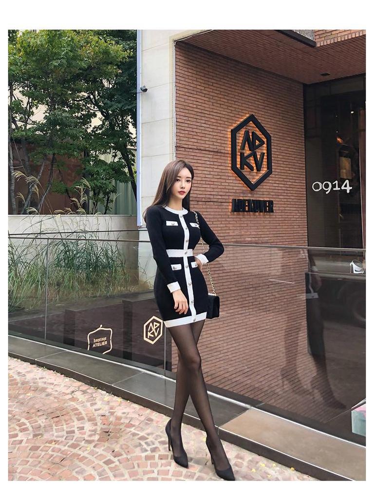 2023 Herbst/Winter Koreanischer OL Slim-Fit Colorblock Strickpulloverkleid