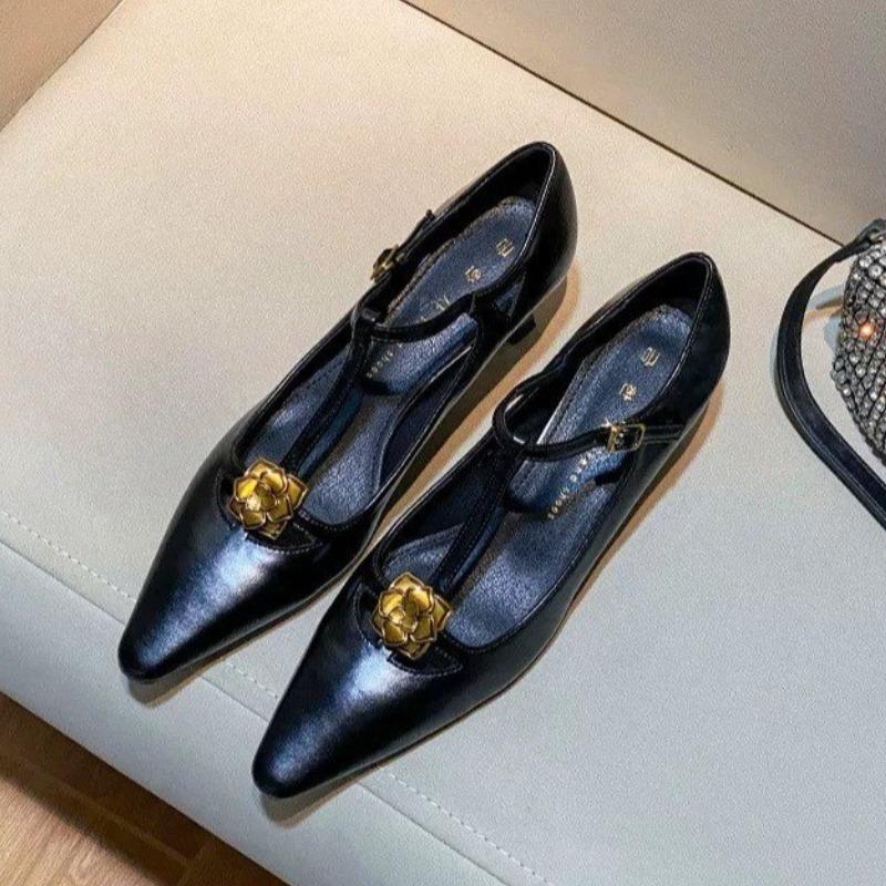 

2024 Новые туфли-лодочки в стиле ретро с неглубоким носком, одинарные туфли с острыми носами и тонким каблуком, пряжка, туфли Мэри Джейн, женская обувь Мэри Джейн 35 чёрный