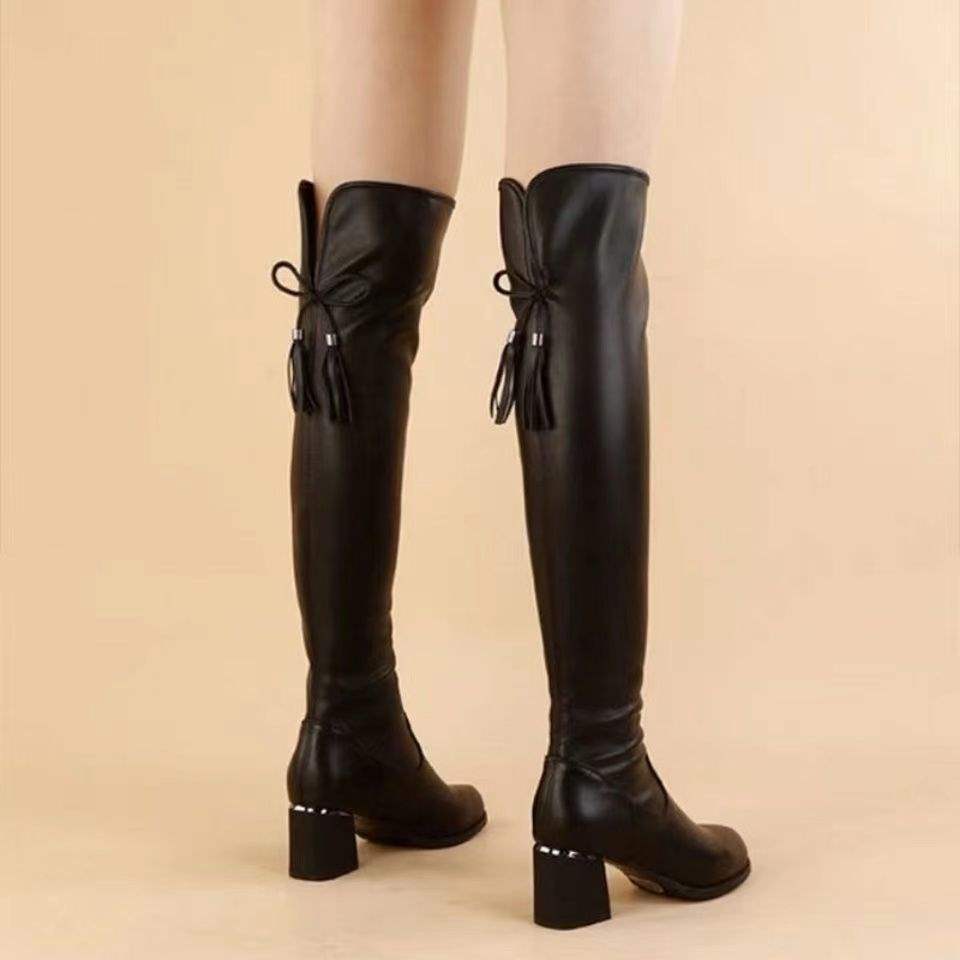 Lange Stiefel Damen Weiches Leder Elastische Stiefel Skinny Hohe Lederstiefel Herbst und Winter Samt Warme Mode Dicke Ferse Kniestiefel