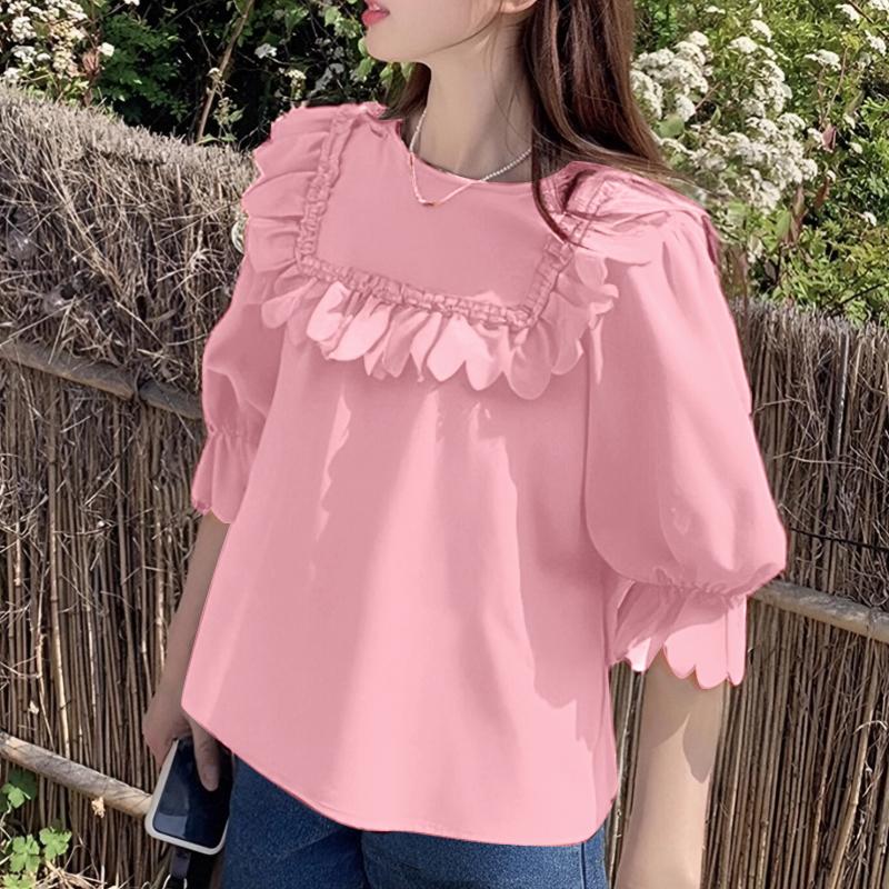 ZANZEA Women Summer Fashion Round Neck Wave Edge Lantern Short Sleeve Blouses