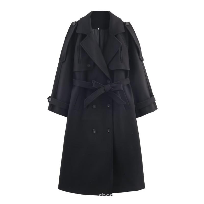 Womens Oversized Double-Breasted Wool Blend Coat With Waist Belt Longline Streetwear Style Winter Outerwear