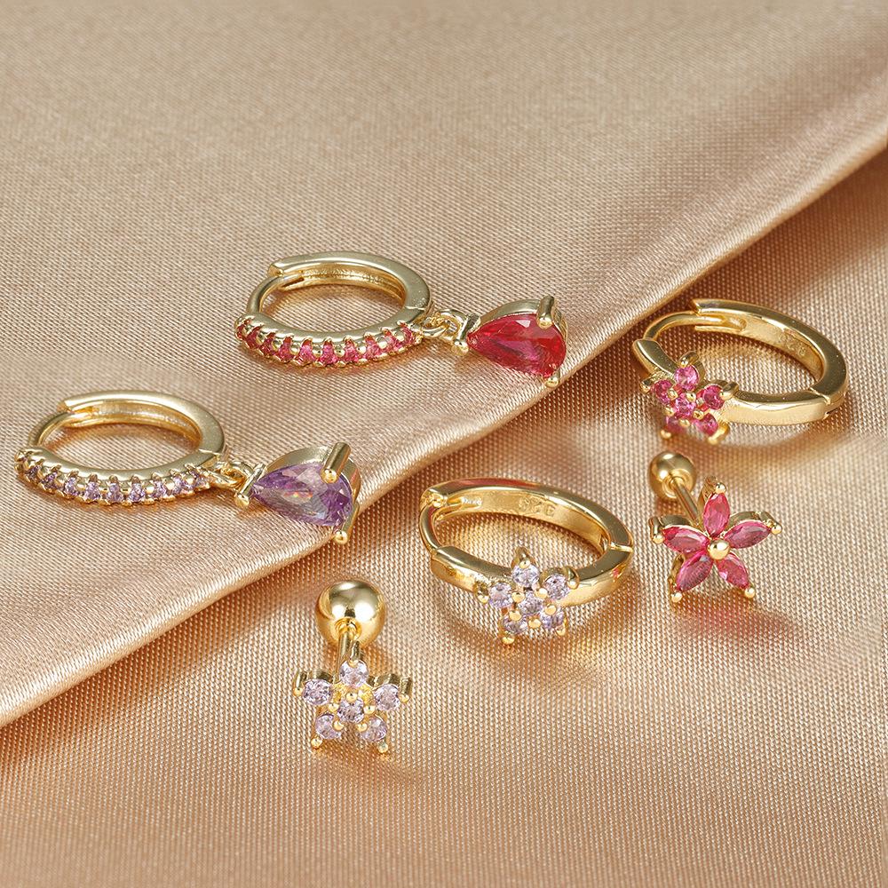 3-Piece Rhinestone Floral Water Drop Earrings & Ear Cuff Set for Women
