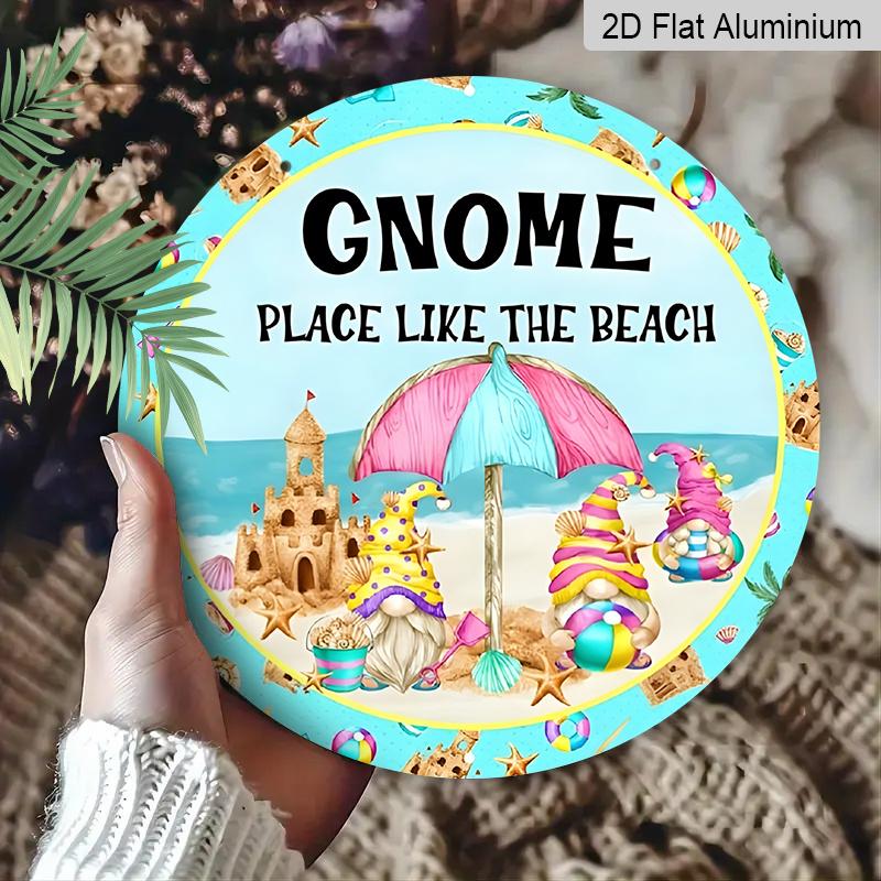 Aluminum Metal Sign, Aluminum Metal Sign 7.87X7.87 Inchesgnomes Love The Beach Summer Beach Welcome Metal Wreath Sign Round Sign Wall Art Sign Bar