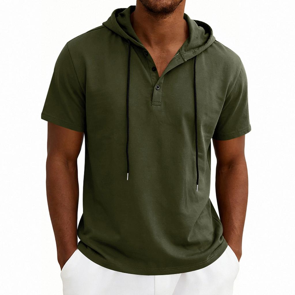 Men’s Short Sleeve Hooded T Shirt with Button Placket Casual Pullover Lightweight Drawstring Hoodie Top for Everyday Wear