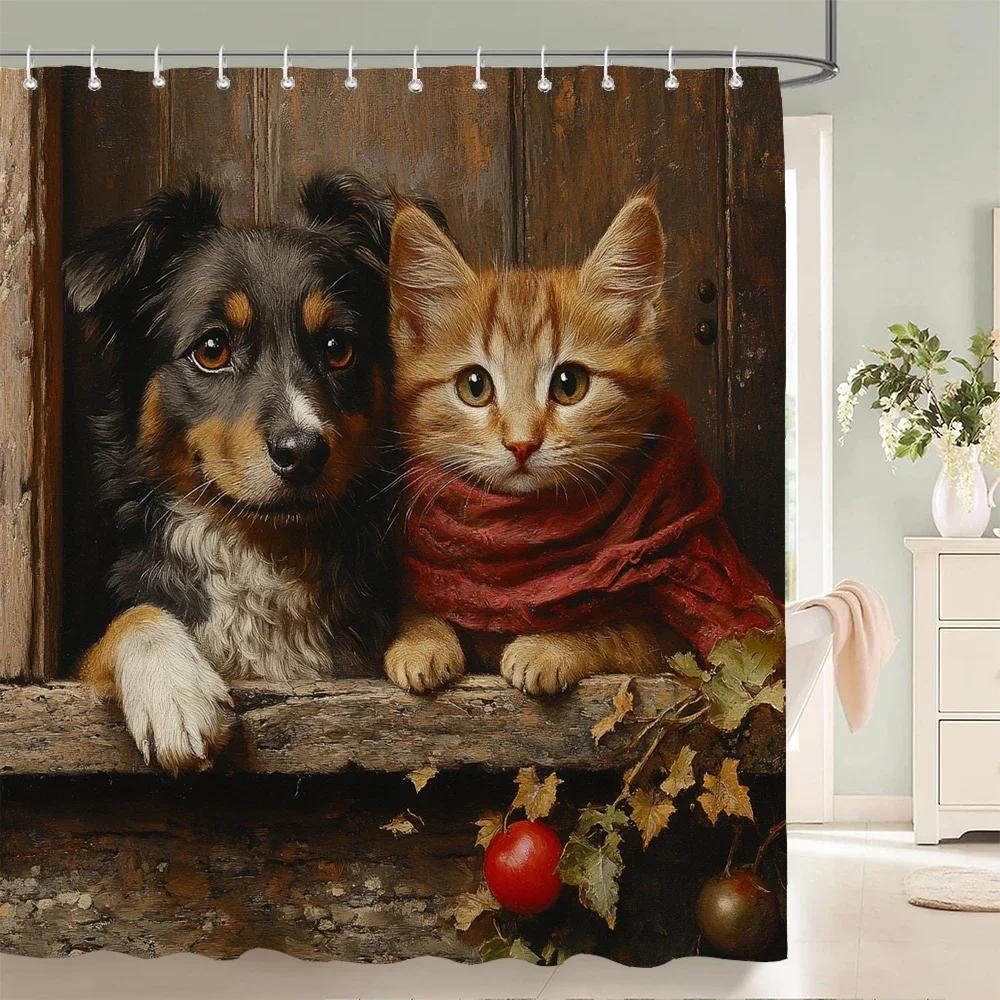 Lovely Cat and Dog Animal Shower Curtain Country Scenery Cats and Dogs Printing Bathroom Curtain With Hooks Home Decor Curtain