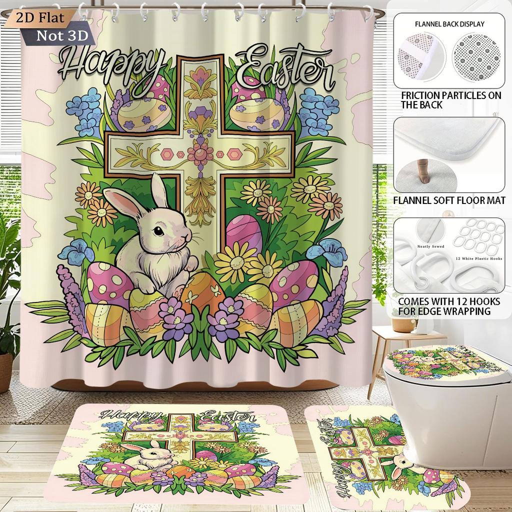 4pcs Easter Cartoon Rabbit Cross Print Bathroom Set 180x180 Waterproof Shower Curtain 12 Hooks Floor Mat Toilet Mat U-Shaped Mat