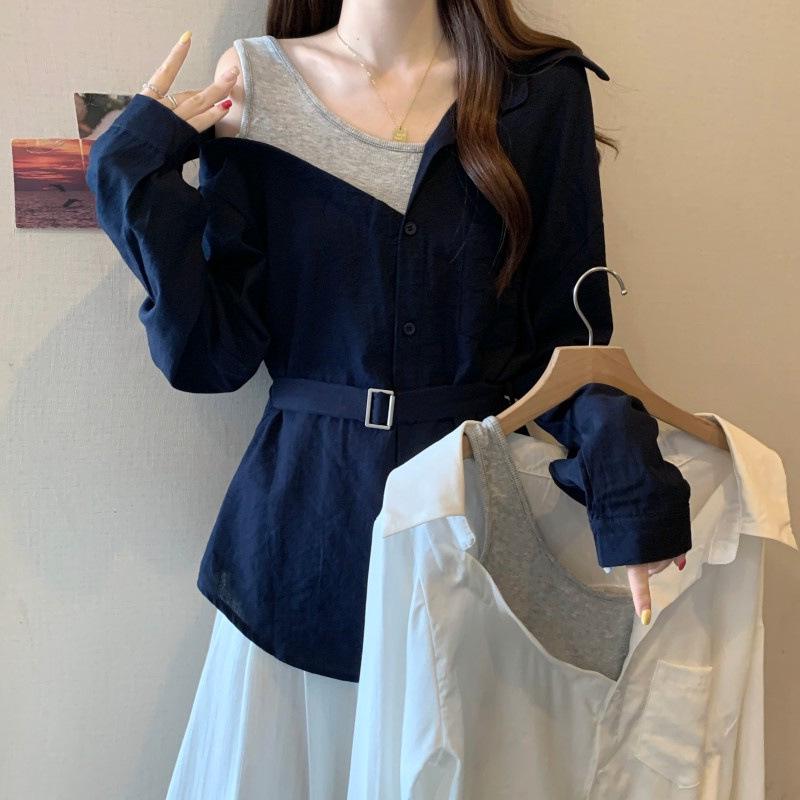 

Plus Size Off-the-Shoulder Color Block French Lapel Long Sleeve Shirt L Plus Size темно-синий