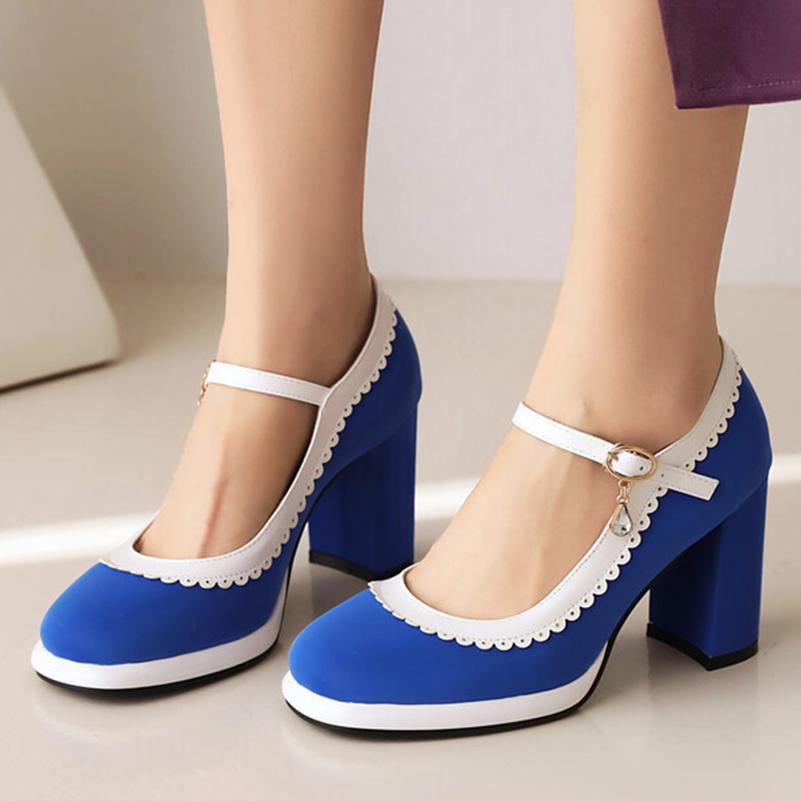 FOREADA Women Pumps Thick Super High Heels Round Toe Mary Janes Crystal Party Sexy Spring Autumn Shoes Rose-carmine Red Blue