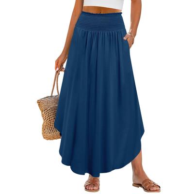 Damen Maxirock Fließend Schwingend Rüschengestuft Elastischer Hoher Bund Lange Röcke