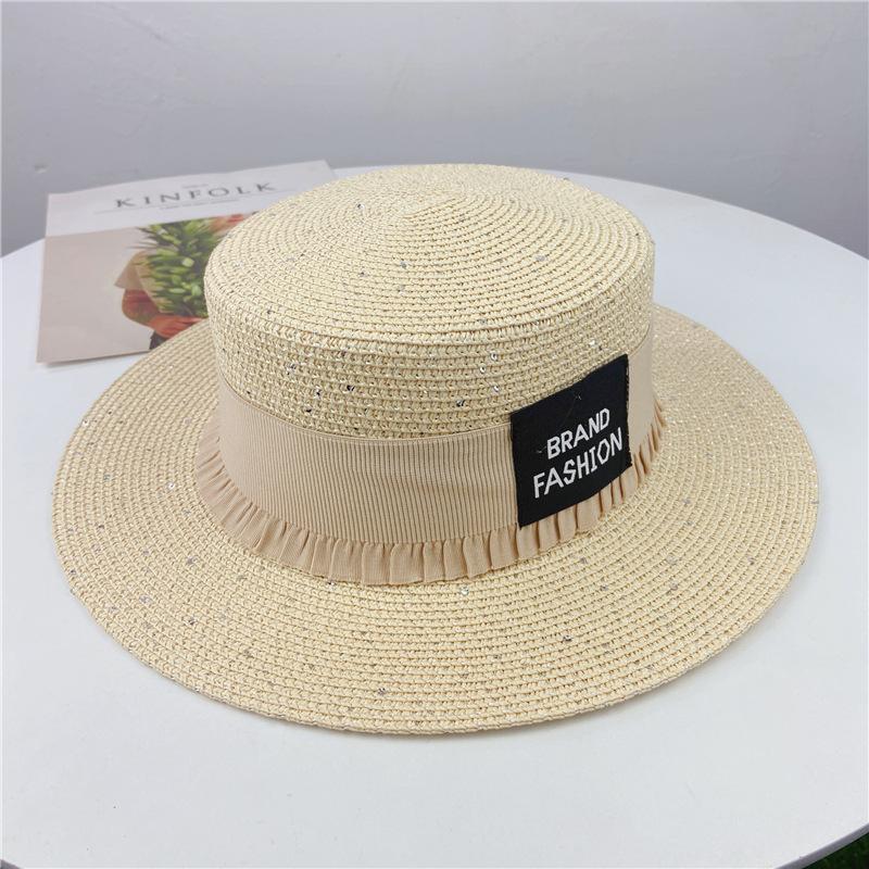 Ladies Summer Sun Protection Hat Women's Beach Hat Versatile Patch Straw Hat Flat Edge Straw Hat Letter Strap