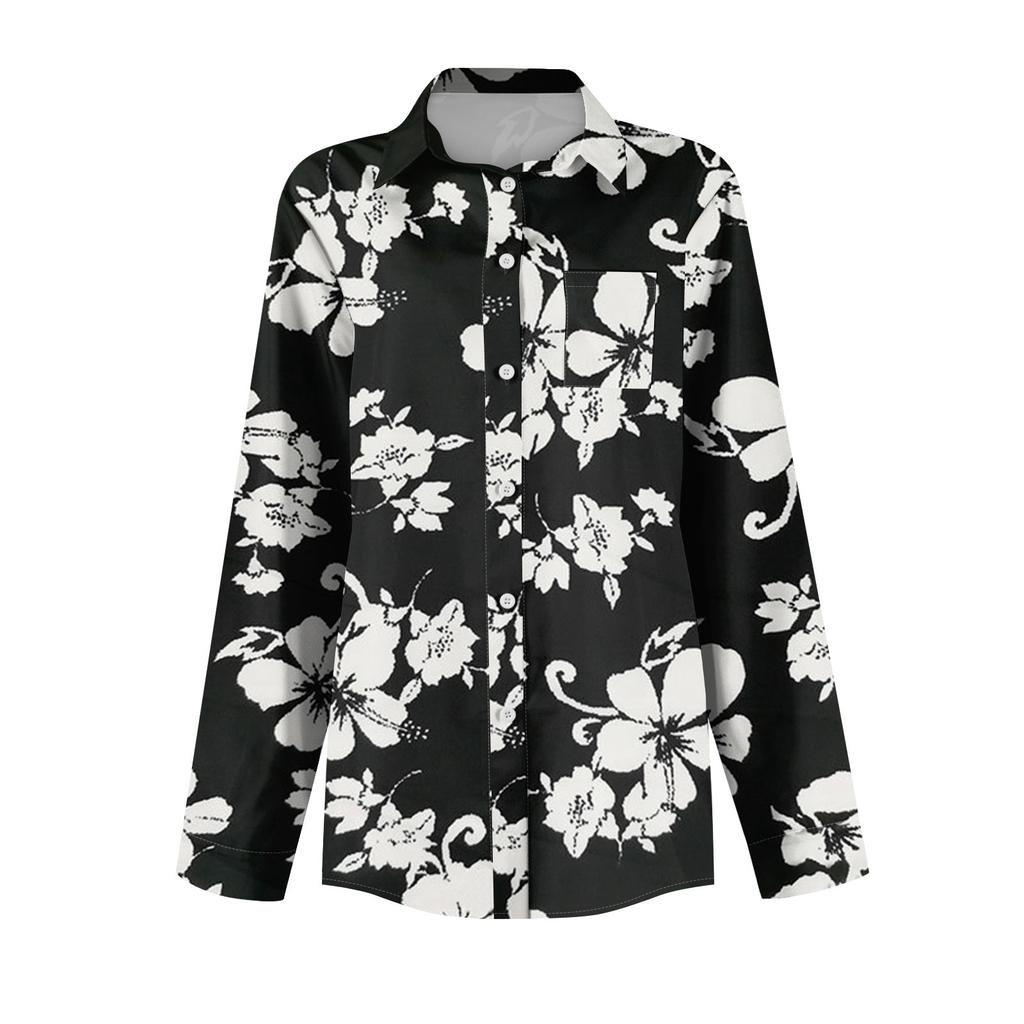Women's Button Down Prints Shirt Long Sleeve Shirt Business Work Tops Casual With Pockets Jacket
