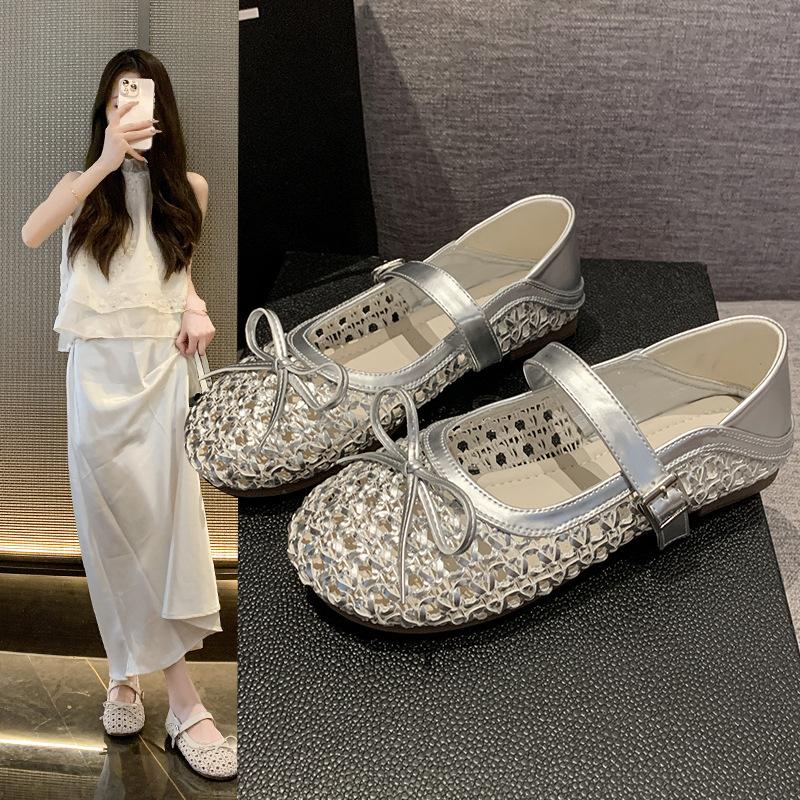 Woven hollow breathable explosion shallow mouth single shoes women's one-word buckle versatile niche fashion Mary Jane shoes