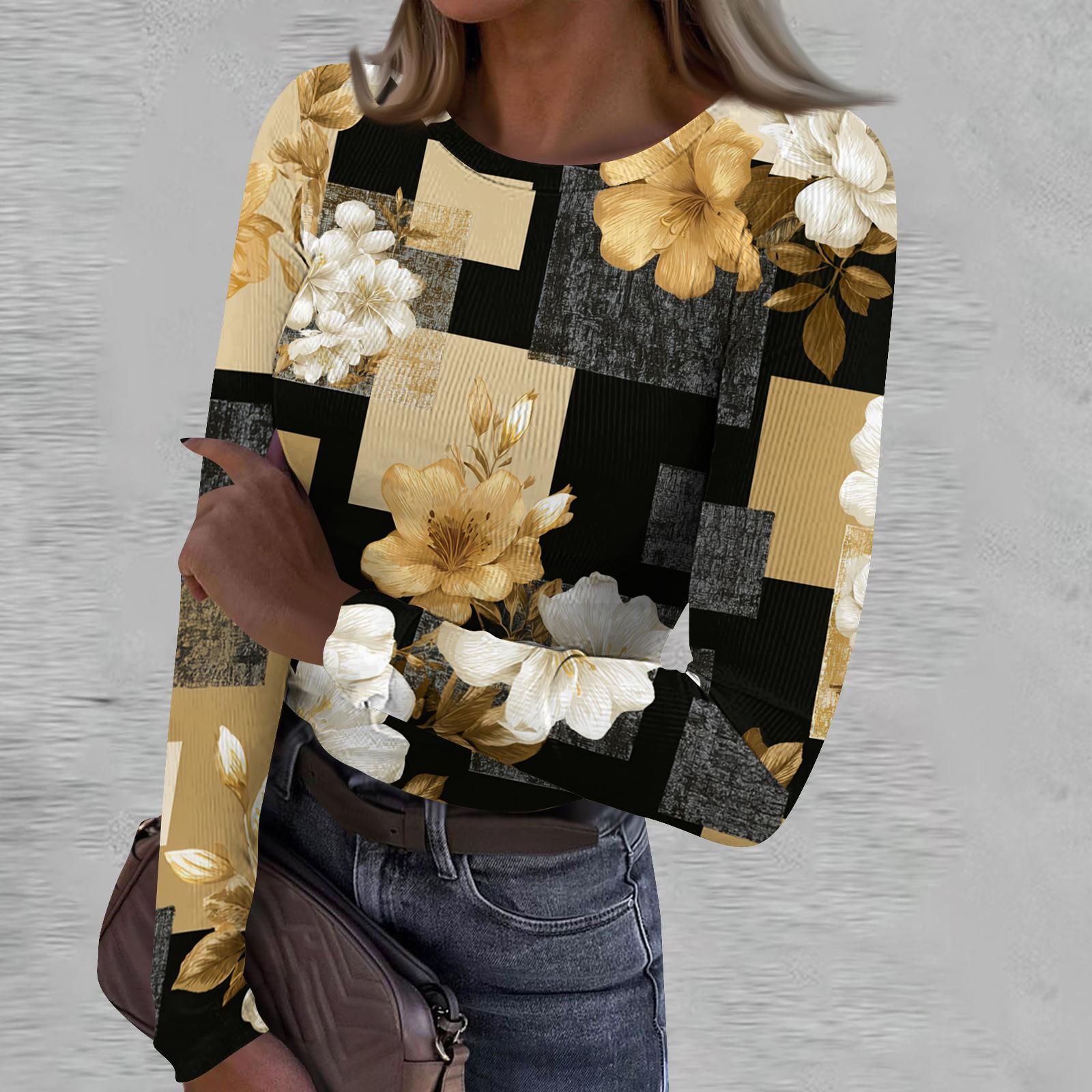 Women s Casual Fashion Round Neck Retro Print Long Sleeve Ribbed Top L