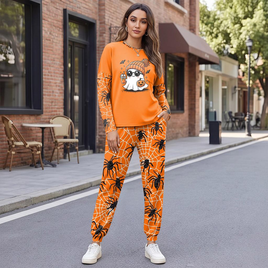 Women's Casual Sweatshirt and Jogger Set with Halloween Print, Round Neck, Loose Fit, Chest Pocket