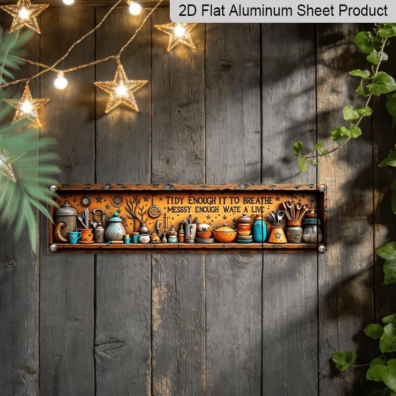 2D Flat, Rustic Wall-Mounted Shelf Aluminum Decorative Sign with Vintage Kitchen Utensils & Motivational Quote - Pans Display Suitable for Kitchens