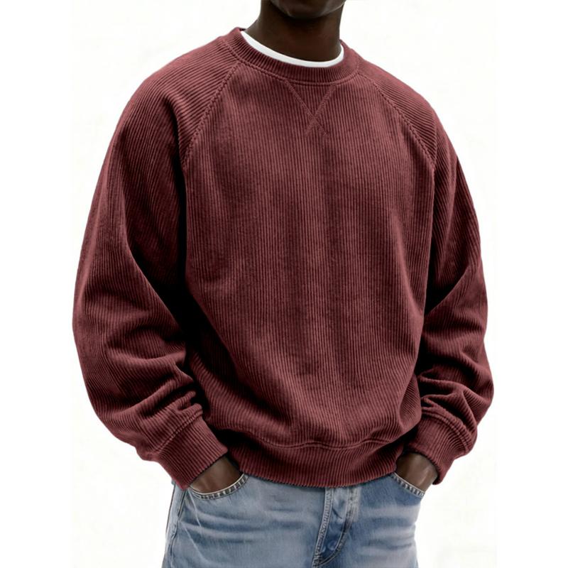 

Autumn Winter Men s Corduroy Crewneck Sweatshirts Loose Fit Pullover Vintage Casual Long Sleeve Top Fashion Daily Streetwear Clothing L вина червоного кольору
