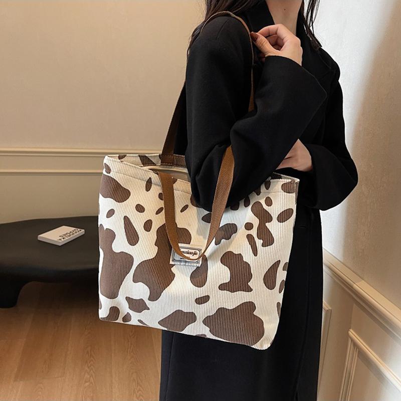 Fashion Large Capacity Cow Print Corduroy Tote Bag for Women Reusable Cute Commuter Shoulder Bag with Zipper, Foldable Shopping Bag