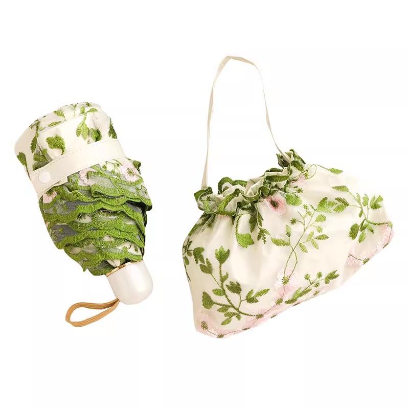 Double Layered Mini Five Fold Umbrella Embroidered with Flowers Black Glue Sun Protection UV Protection Rain Sunny Dual-purpose Sun Umbrella